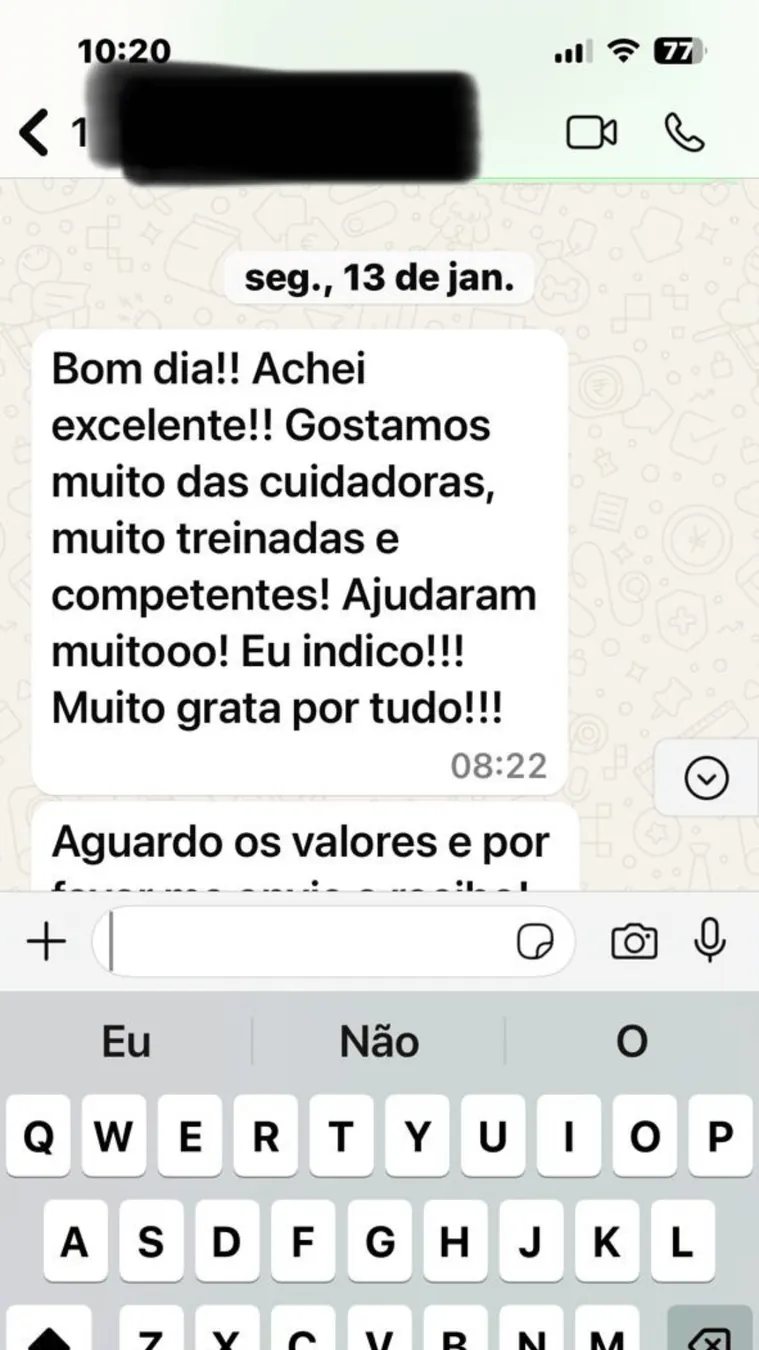 Depoimento elogiando as cuidadoras da Fisio Home Care
