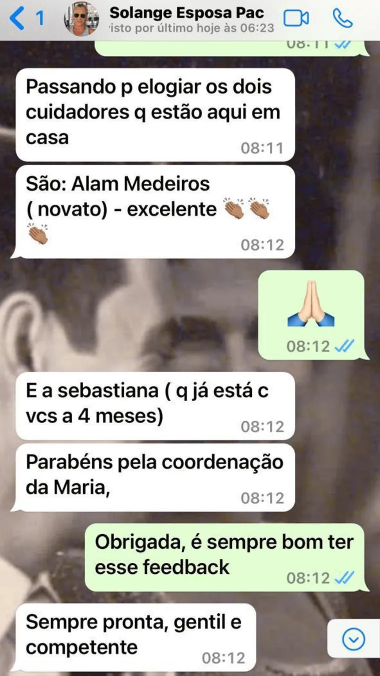 Depoimento elogiando cuidadores da Fisio Home Care