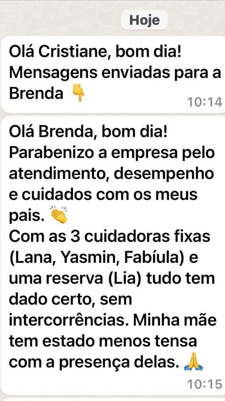 Depoimento sobre cuidadoras fixas e atendimento aos pais